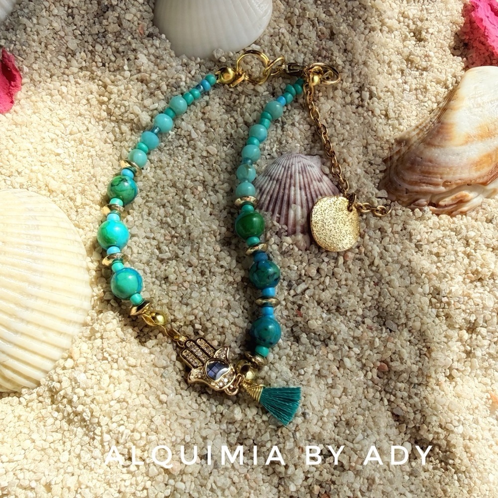 Abalone diamond pave 🪬 HAMSA +Turquoise and Gold Bracelet